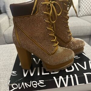 Women's Gold Rhinestone Tan Lace-Up High Heel Booties